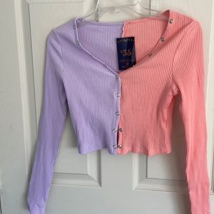 NWT Spliced Coral and Lavender Ribbed Color Block Crop Top